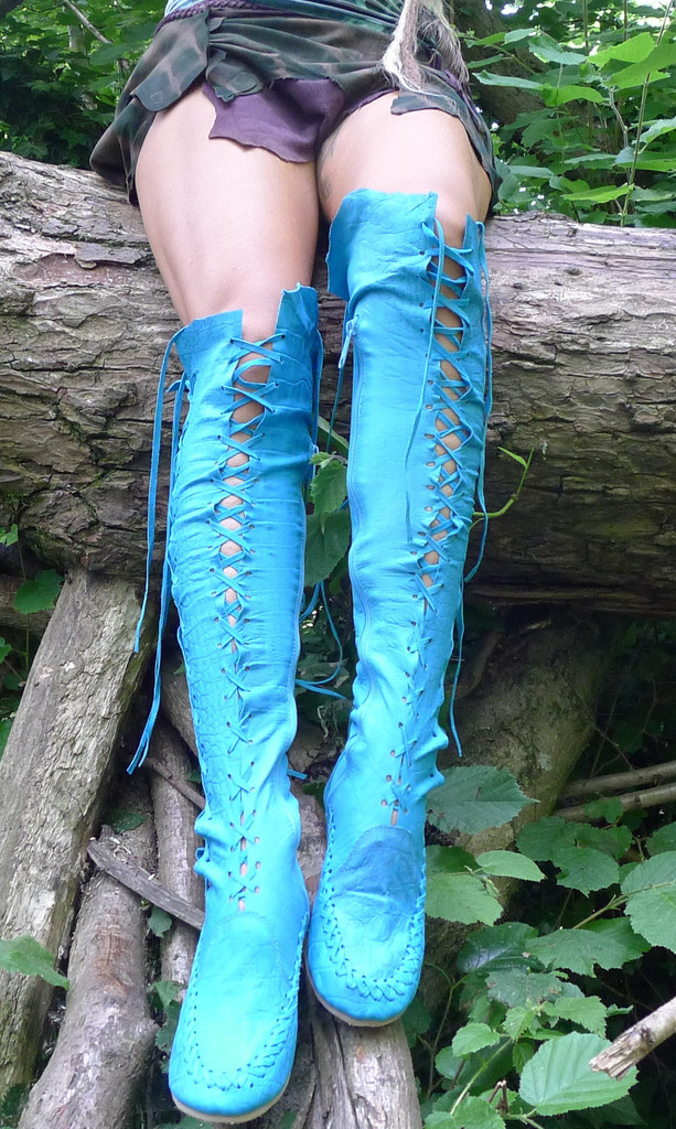 Turquoise Leather Knee High Boots
