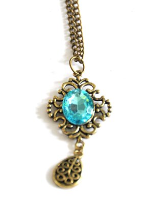Boho Vintage Antique Style Bronze Art Deco Blue Crystal Long Necklace Jewellery: Jewelry