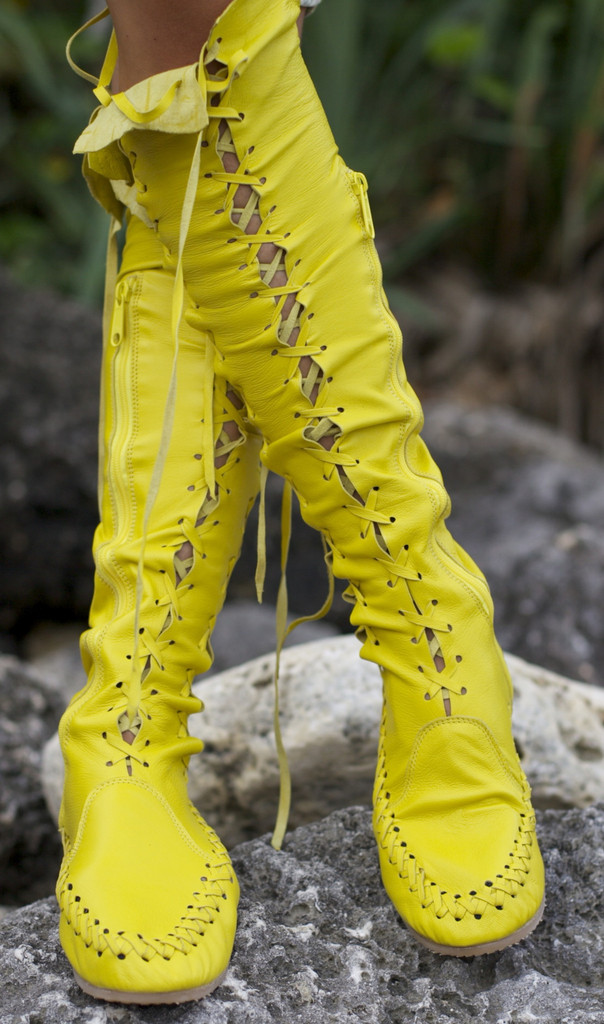 Bohemian Style Handmade Yellow Knee High Leather Boots