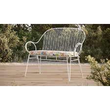Scroll White Metal Outdoor Bench with Tropic Inside Out  Cushion