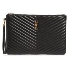 Large Logo Matelassé Leather Pouch, Main, color, NOIR