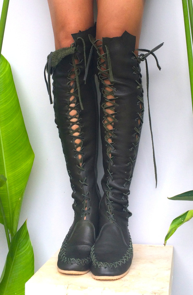 Dark Forest Green Leather Knee High Boots