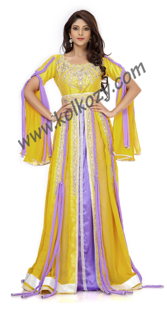 Adorable Gold & Purple Color Jacket Style Moroccan Kaftan