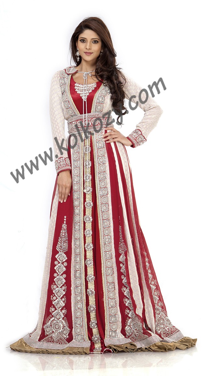 Ravishing Red & White Color Embroidered Arabic Kaftan Dress