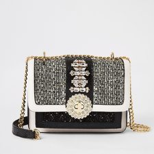 Black boucle embellished lock cross body bag