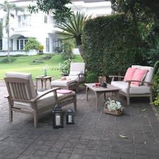 Rowlette 7pc Rustic Teak Patio Conversation Set With Cushion – Cambridge Casual