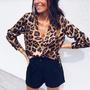 Vogue Women Leopard Print V-Neck Blouse Top