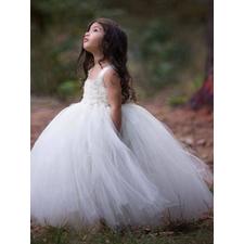 2017 Flower Girl Dresses Long Ball Gown Straps Hand-Made Flower Tulle JKF014