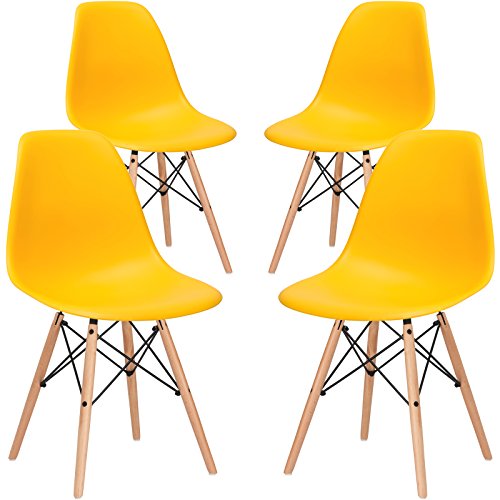 Poly and Bark Modern Mid-Century Side Chair with Natural Wood Legs for Kitchen, Living Room and Dining Room, Yellow (Set of 4)