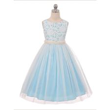 2017 Flower Girl Dresses Long White and Blue Lace Scoop Tulle JKF022