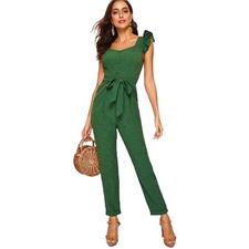 Vintage Mid Waist Belted Ruffle Trim Sleeveless Women's Jumpsuit