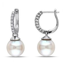 Freshwater Cultured Pearl and Diamond Hoop Earrings 1/20ctw