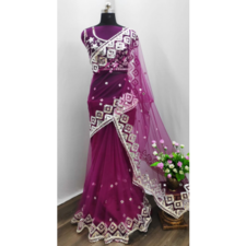 Pure Heavy Net Embroidery Work Saree With cyramic Stone Work