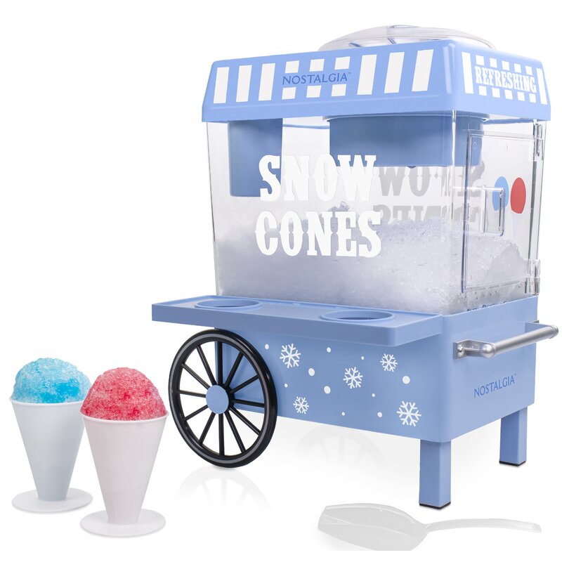 Nostalgia Vintage Countertop Snow Cone Maker, Makes 20 Icy Treats, Includes 2 Reusable Plastic Cups & Ice Scoop, Blue