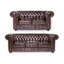Brown leather chesterfield 2 piece sofa set