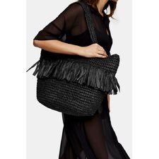  Black Straw Fringe Tote Bag
