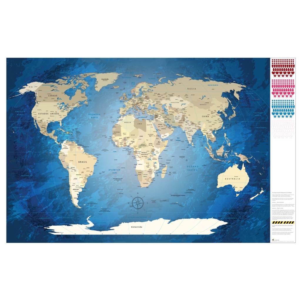 Klebeposter - World Map Blu...