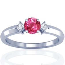 Round Shape Pink Sapphire Prong Set Three Stone Ring With Princess Cut Diamonds (0.76cttw) (Item# R63700PS)