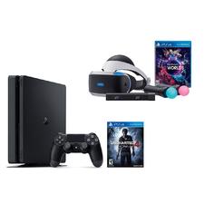 PlayStation VR Uncharted 4 Launch Bundle (6 Items): PS4 Slim 500GB Console, Playstation VR Headset, Playstation Camera, 2 Move Motion Controllers, PSVR Worlds Game Disc, and Uncharted 4 Game Disc