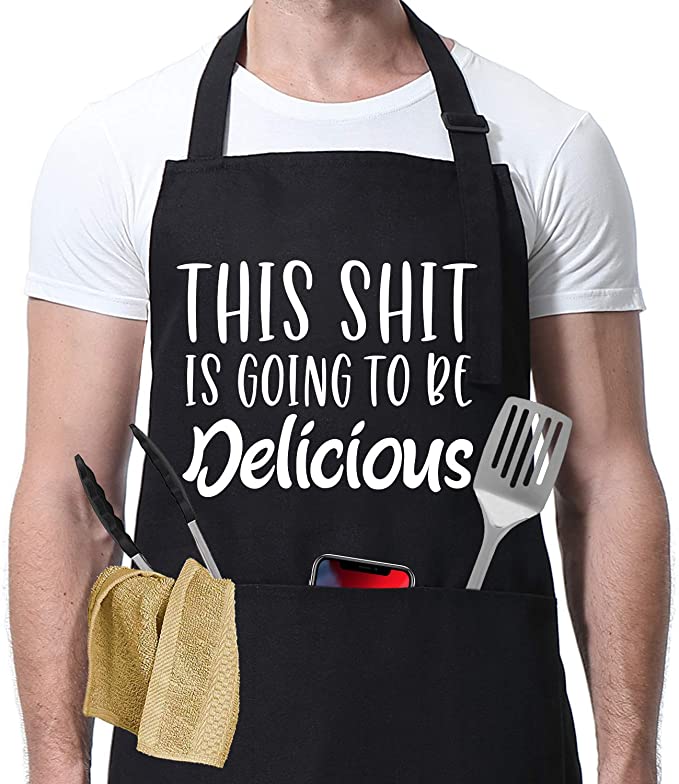 This is Going to be Delicious - Funny Black Aprons for Men, Women with 3 Pockets - Dad Gifts, Gifts for Men - Birthday Gifts for Dad, Mom, Husband, Wife, Friend - Miracu Kitchen Grilling Cooking Apron