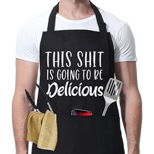 This is Going to be Delicious - Funny Black Aprons for Men, Women with 3 Pockets - Dad Gifts, Gifts for Men - Birthday Gifts for Dad, Mom, Husband, Wife, Friend - Miracu Kitchen Grilling Cooking Apron