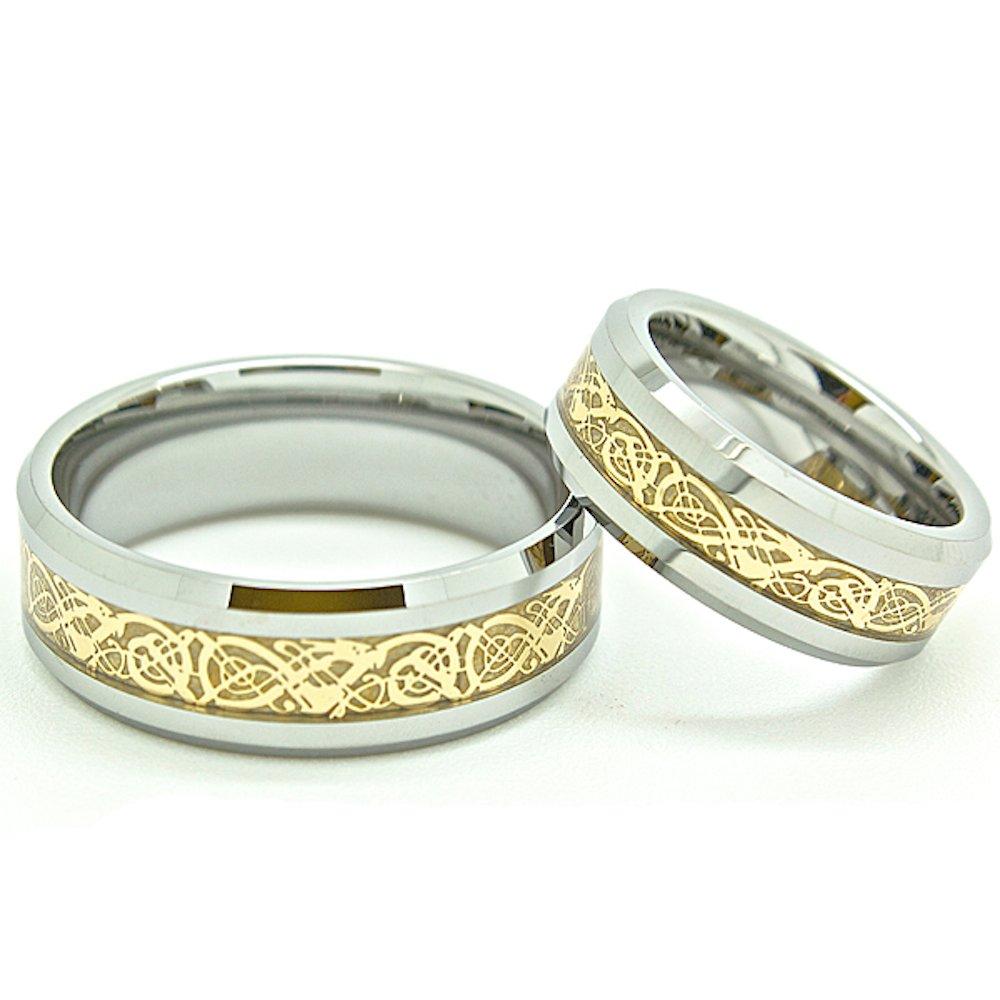 Matching Couples Set 7mm 8mm Tungsten Golden Colored Celtic Dragon Inlay Bands His Hers Wedding Engagement Rings Set Whole Half Sizes New Wedding Rings 
