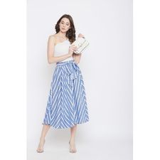 Women Rayon Striped Skirt A-Line High Waist Midi Skirt With Belt