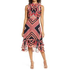 Mod Stripe Ruffle Trim Midi Dress, Main, color, ORANGE MULTI