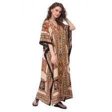 Women Kaftan African Geometric Print Beige Caftan Hippie Style Plus Size Maxi Dress