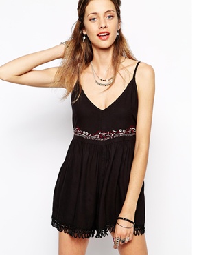 Band of Gypsies Embroidered Smock Playsuit With Fringing