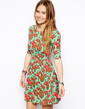 Skater Dress With Wrap Back In Peacock Print