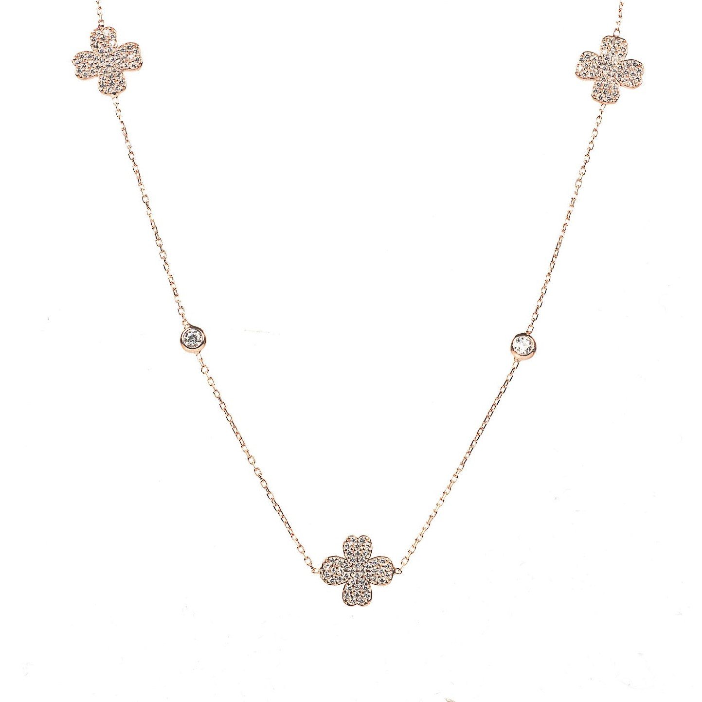 Lucky Four Leaf Clover Necklace Long Rose Gold Plating