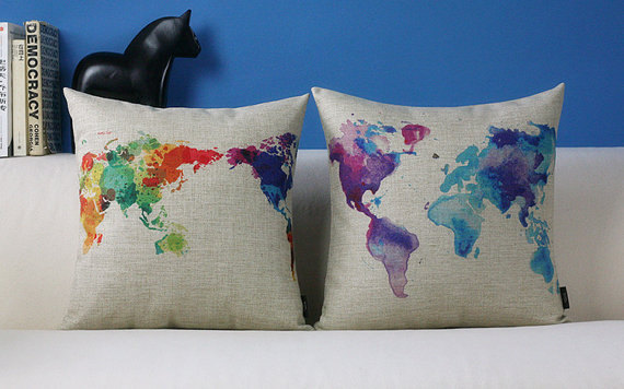 Colorful World Map Pillow Case, Cotton Linen Cushion Cover colour, Eco-friendly