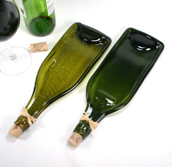 Whimsical Swirls Dark Green Molded Wine Bottle Serving Tray or Spoon Rest with Cork- Recycled Eco-Friendly