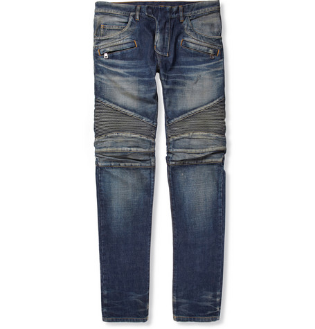 Balmain Regular-Fit Washed-Denim Biker Jeans