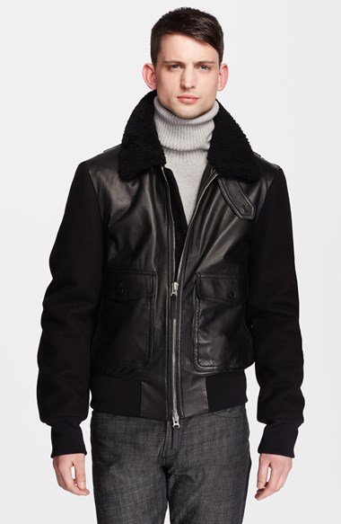 AMI Alexandre Mattiussi Genuine Shearling Collar Leather Jacket with Wool Sleeves | Nordstrom