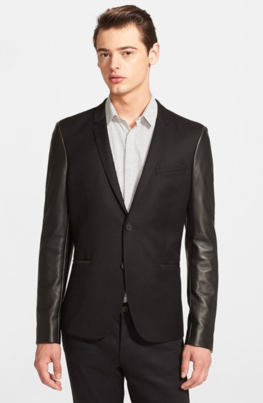The Kooples Fitted Leather Sleeve Wool Sportcoat | Nordstrom