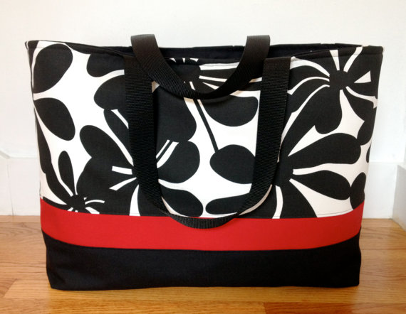Extra Large Beach Bag, Extra Large Tote Bag, Beach Tote,Travel Tote, Weekend Bag, Pool Tote, Black and Red Floral