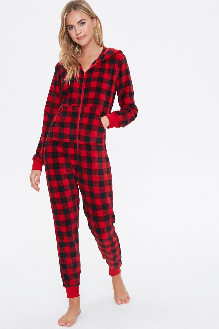 Plaid Hooded Pajama Jumpsuit 