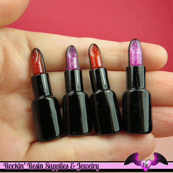 GLITTER LIPSTICK Make-up Red and Pink Girly Flatback Resin Decoden Kawaii Cabochons (4 pieces)
