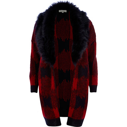 Red check faux fur collar c...
