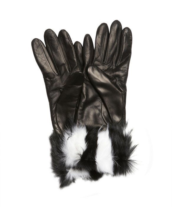 Portolano : black and white nappa leather glove with dyed rabbit cuff : style # 324072701