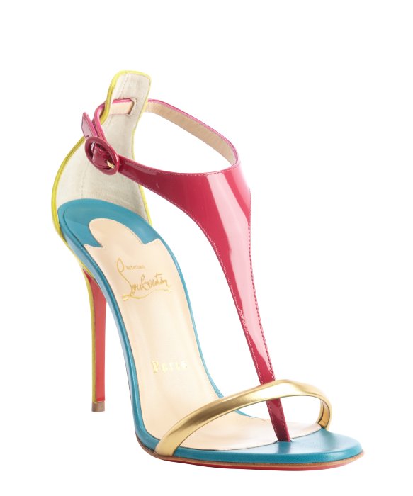 Christian Louboutin : magenta and blue patent leather 'Athena Alta 100' t-strap sandals : style # 336893001