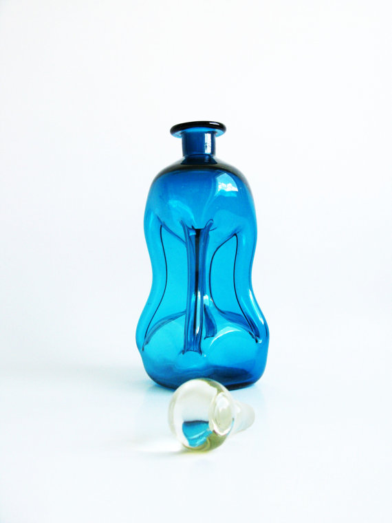 Danish Modern Holmegaard Blue Glass Decanter