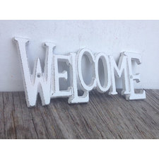BOLD summer WELCOME sign // bright snowy white shabby rustic chic   //  hand painted summer spring decor // funky retro decor