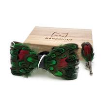 Exotic Lucky Feather Bow Tie with Feather Lapel Pin Set
