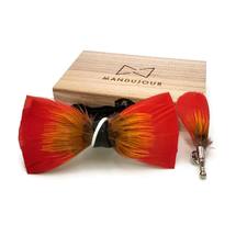 Exotic Mango Feather Bow Tie with Feather Lapel Pin Set