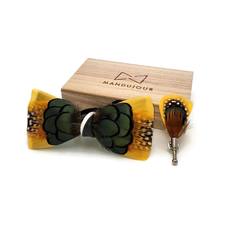 Exotic Canary Feather Bow Tie with Feather Lapel Pin Set