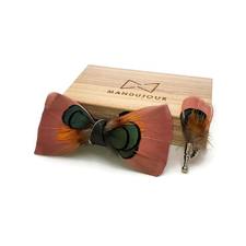 Brown Kiwi Feather Bow Tie with Feather Lapel Pin Set