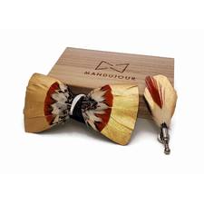 Golden eggnog Feather Bow Tie with Feather Lapel Pin Set